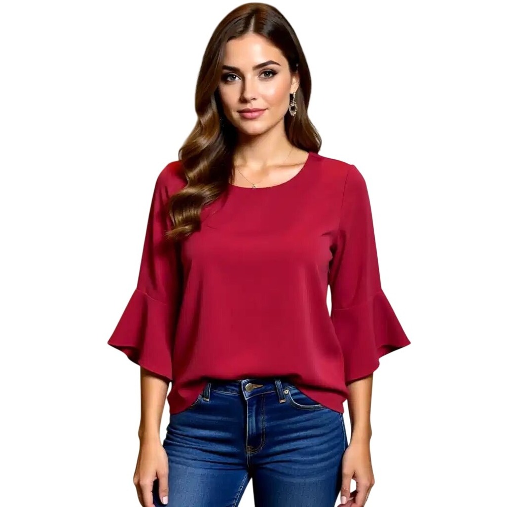 Caroline Rose $298 Red Bell Sleeve Blouse Keyhole Back Round Neck Top Size M